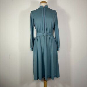 Vtg 80s David Warren Mock Neck Belted Waist Midi Dress Gray Sz 10 Long Sleeve